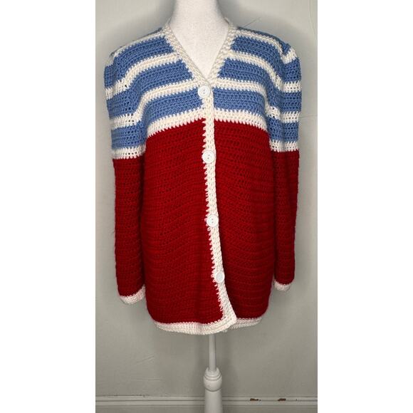 Hand Crocheted Cardigan Sweater Red, White and Blue. Size Large - Picture 1 of 8